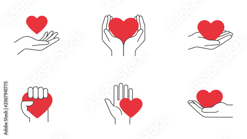 Set of Hands Holding Heart Icons for Charity and Love