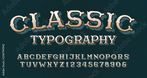 Classic typography alphabet font. Faded letters and numbers with a scratched dirty surface. Vector typescript for old signage, label design, headline lettering, and western badge sets.