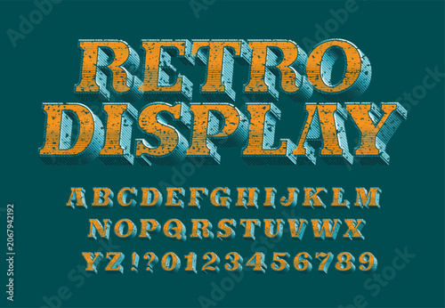 Retro display alphabet font. Faded distressed letters and numbers with a dirty scratched surface. Vector typescript for old signage, label design and headline lettering.
