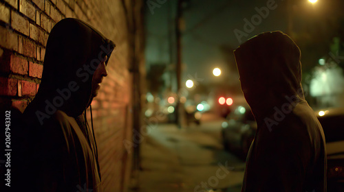 Two individuals cloaked in dark hoodies engage in a tense conversation near a dimly lit street filled with urban nightlife