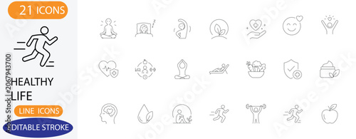 Healthy life and wellness line icons. Vector fitness, yoga, and organic diet symbols with editable stroke.