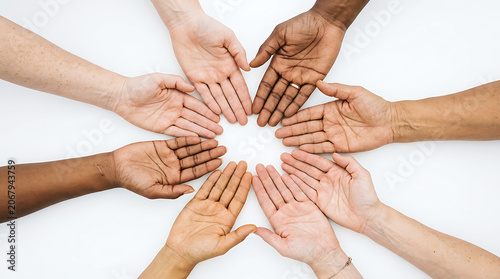 Diverse human hands reaching inward in a circle
