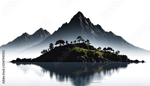 Serene mountain landscape reflected in calm water.