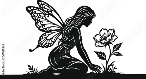 Photos Beautiful black 1 fairy silhouette vector design with intricate butterfly wings and flower details isolated on no background for elegant stencil craft art