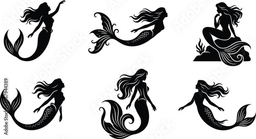 Fotografía Collection of black mermaid silhouettes swimming and sitting in different poses, mythical ocean creature vector illustration set isolated on white background 2