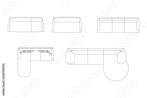 Contemporary living room sofa set top view icons including L shaped couch with cushions in thin black line style.