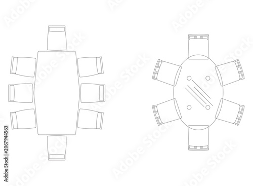 Top view furniture icons set for interior design project featuring dining table sets with chairs in vector sketch.