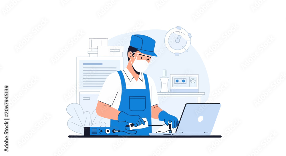 Fototapeta premium Technician in Protective Gear Repairing Electronics and Using Laptop in Laboratory, Flat Vector Illustration for Maintenance and Engineering Service