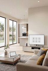 Modern interior of a home with smart devices showing smart technology in daily life without brand names or logos