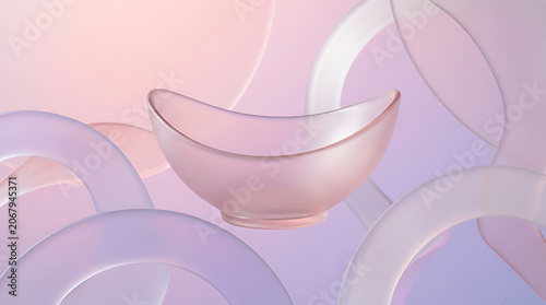 Pink glass bowl surrounded by transparent tubes on pastel background isolated on transparent