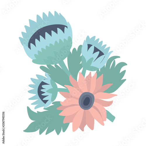 Cute pastel protea and gerbera floral bouquet. Naive scandinavian style botanical clip art.