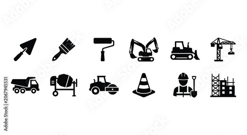 Foto Construction Equipment And Tools Vector Silhouettes On White Background