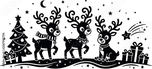 Reindeer Christmas tree and gifts black silhouette illustration with stars