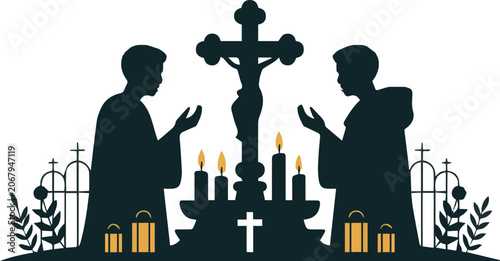 Silhouettes of people holding various religious symbols in a cross