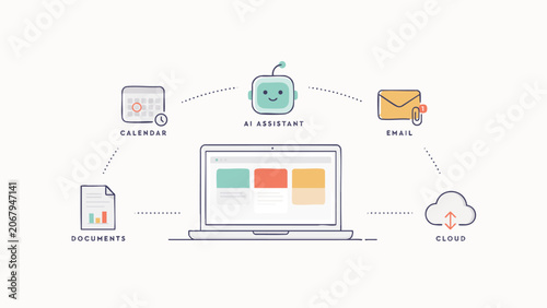 Flat vector illustration of laptop connected to internet network and digital services with icons, internet