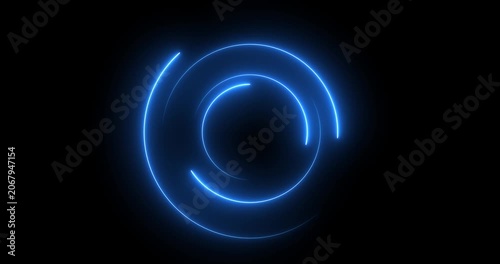 Abstract glowing neon light circle of blue color, loading icon animation background. Abstract geometric neon background. Round frames, rings, circles, glowing lines appear