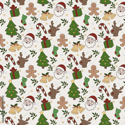 Cute Christmas Seamless Pattern with Santa, Reindeer, Christmas Tree, Gifts and Holiday Elements