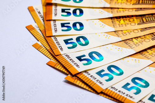 Obraz na plátně 50 euro banknotes close-up on a white background
