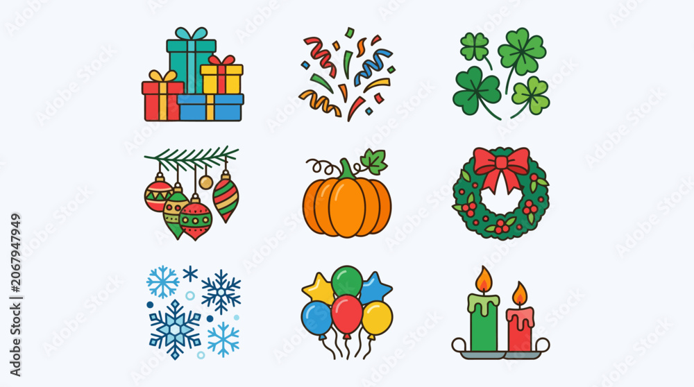 Fototapeta premium Collection of festive holiday celebration and seasonal event icons.