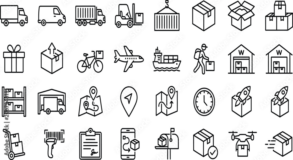 Fototapeta premium Logistics and shipping outline icon set with logistics shipping delivery transport warehouse packaging