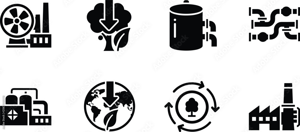 Fototapeta premium Set of black flat icons representing industrial environmental impact, sustainability, manufacturing, and green technology concepts