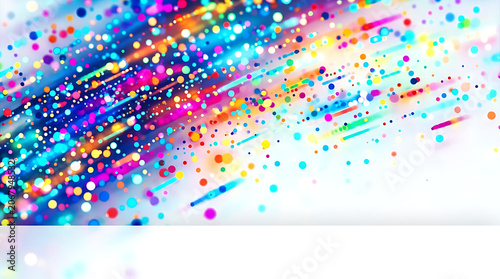 Vibrant colorful confetti and glitter particles flying diagonally on white background isolated on transparent