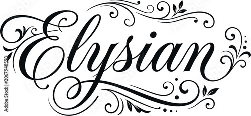 Foto Elysian word typography with elegant flourishes, vintage calligraphy script vect