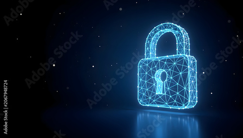 Glowing digital padlock with encrypted network structure, cybersecurity protection and secure data access, advanced privacy technology concept for cyber defense and information security