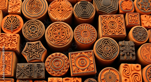 Collection of hand-carved wooden block stamps with diverse geometric and floral motifs for textile printing