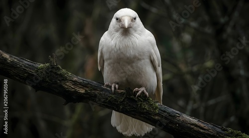 White Crow Perched on Weathered Tree Branch, Mystical Wildlife Photography Style 