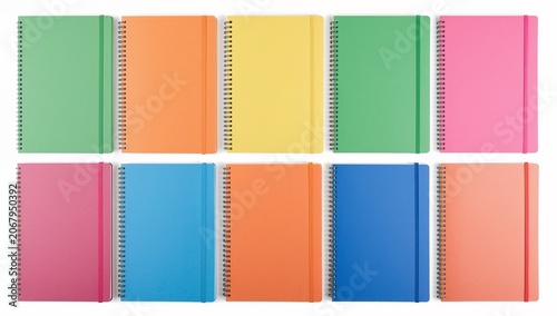 Colorful Notebooks with Spiral Binding Arranged in Two Rows on White Background