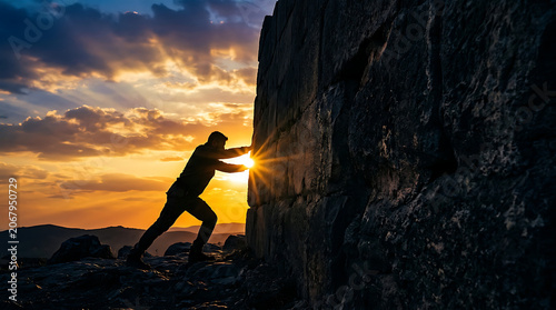 None Silhouette of a man pushing against a large stone wall at sunset with a vibrant sky isolated on transparent background