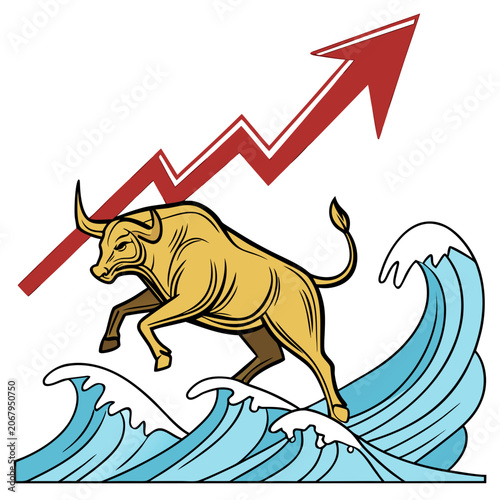 Charging bull market symbol riding a wave of financial gains with investment