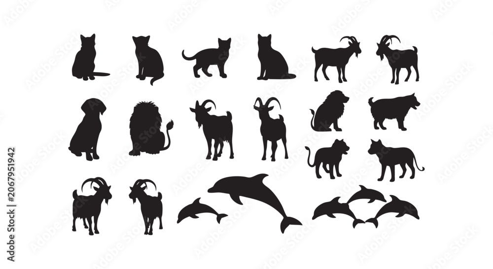 Fototapeta premium Animal silhouette collection featuring cats dogs lions goats dolphins and other domestic and wild creatures.