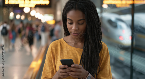 Black woman passenger stands in a modern train station, looking at a switched-off phone with a digital ticket, suggesting travel stress and access issues.