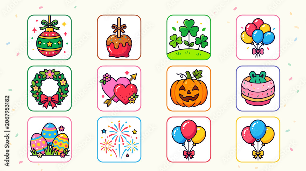 Fototapeta premium Set of colorful hand drawn holiday and celebration icon illustrations.