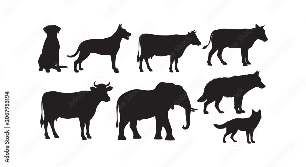 Fototapeta premium Large animal silhouettes including elephant cows dogs and wolf profiles for livestock and wildlife biological research.
