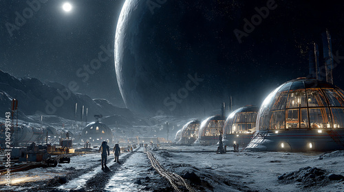A Breathtaking View of a Futuristic Lunar Base Colony with Pressurized Glass Domes and Earth Rising on the Horizon