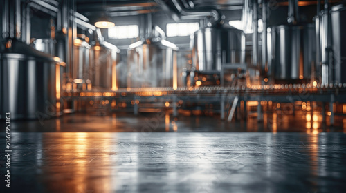 An empty metal worktable reflects warm lights inside a modern industrial brewery with stainless steel tanks.