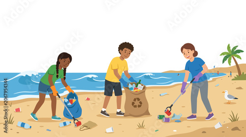 Foto Volunteers collecting plastic trash on a beach.