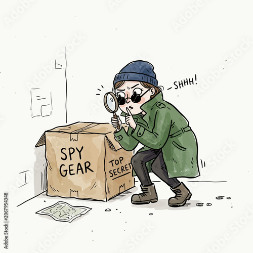 Fotografija Spy woman in beanie and trench coat, making shush gesture, examining top secret spy gear box with magnifying glass