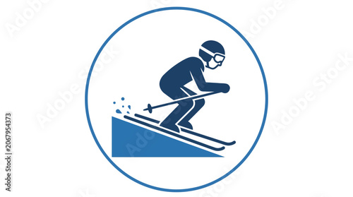 Obraz na plátne Blue skier silhouette descending a slope in circular frame.