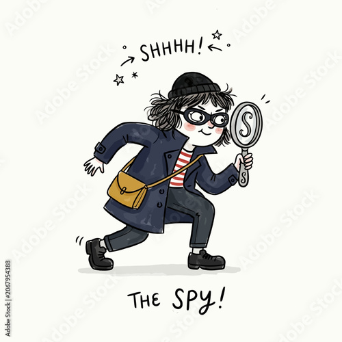 Foto Secret agent girl dressed as spy in trench coat with magnifying glass on white background