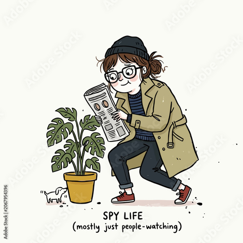 Tableau sur toile Woman spy with glasses and beanie, hiding behind newspaper and plant, engaging in people-watching, with small dog nearby