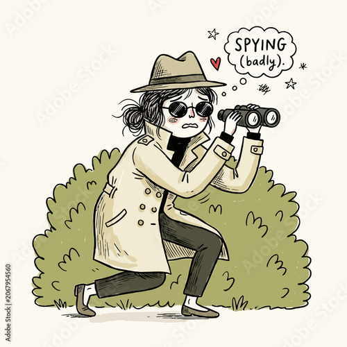 Obraz na plátně Illustration of failing detective girl hiding in bushes using binoculars with spying badly thought bubble