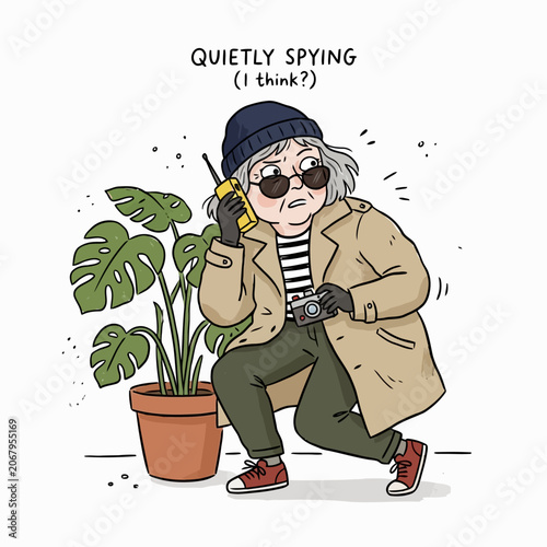 Photos An elderly woman dressed as a spy, wearing a beanie, sunglasses, and trench coat, holding a walkie-talkie and camera, peeking behind a large plant