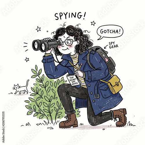 Fotografie Professional female spy in blue coat with backpack spying on white cat in garden