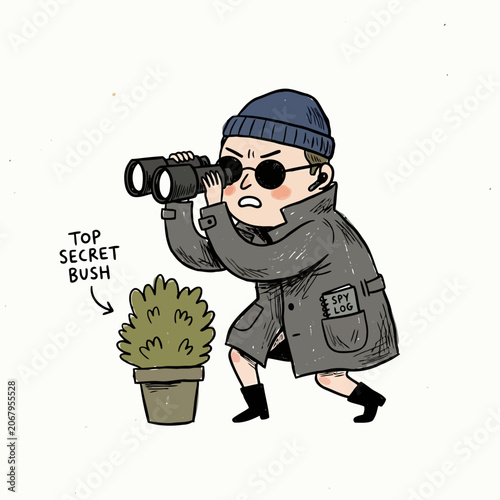 Fotografie A cute cartoon boy character wearing a beanie and trench coat, holding binoculars and spying from behind a potted bush