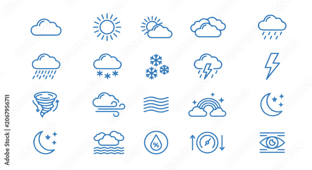 Naklejka premium Blue minimalist weather forecast symbols set including rain snow sun and storm clouds line icon vector graphics for climate apps