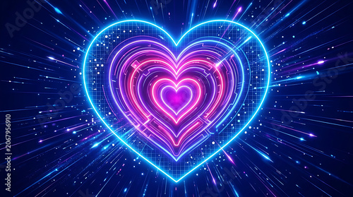 Glowing neon heart shape with digital circuit lines and radiant light effects isolated on transparent background